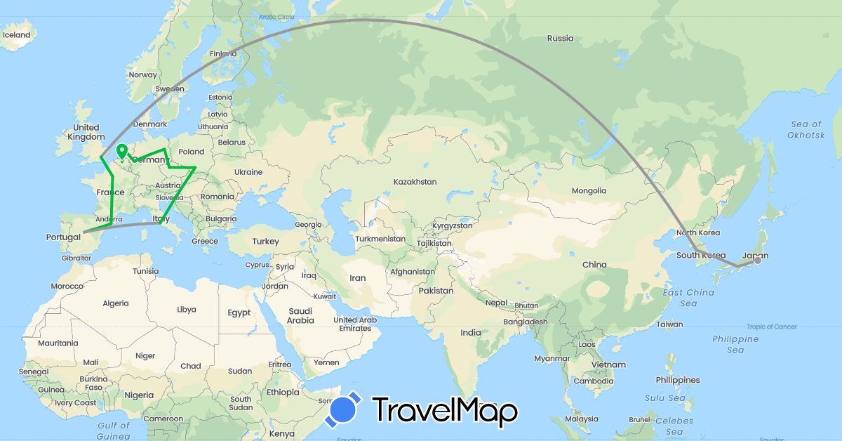 TravelMap itinerary: driving, bus, plane in Belgium, Czech Republic, Germany, Spain, France, United Kingdom, Italy, Japan, South Korea, Netherlands, Poland (Asia, Europe)